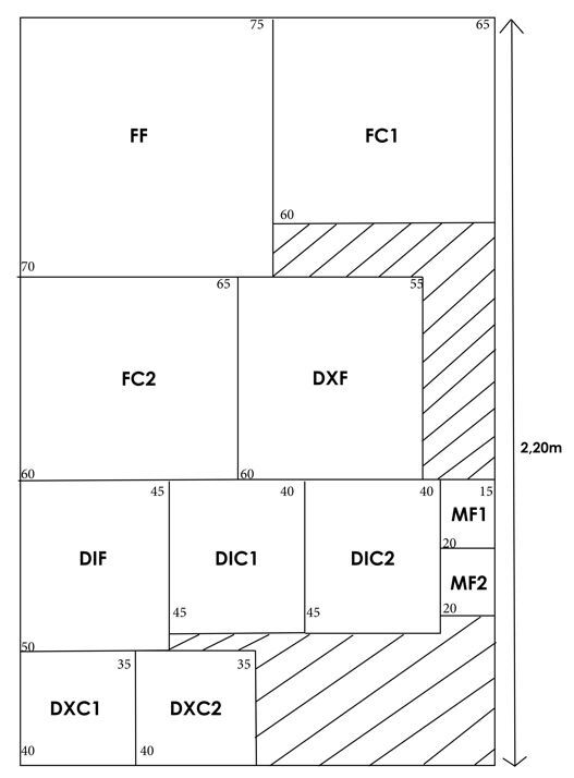 Plan de coupe tissu ameublement avec mesures détaillées pour fauteuil